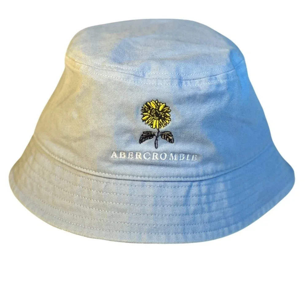 Abercrombie Bucket Hat Womens OS Light Blue Sunflower Embroidered Cotton